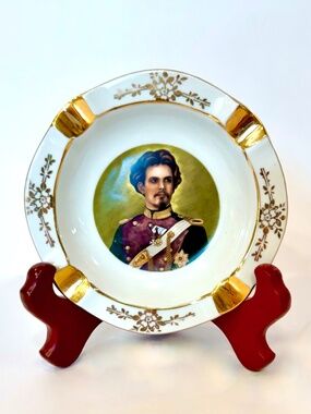 Rare Vintage West Germany King Ludwig II Porcelain 24K Gold Portrait Dish, 5".